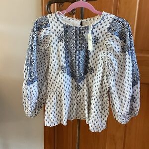 Women's Blue and White Embroidered Top